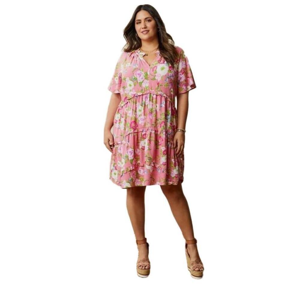 Matilda Jane Pink Floral Print Tiered Skirt Short Sleeves Casual Dress Medium